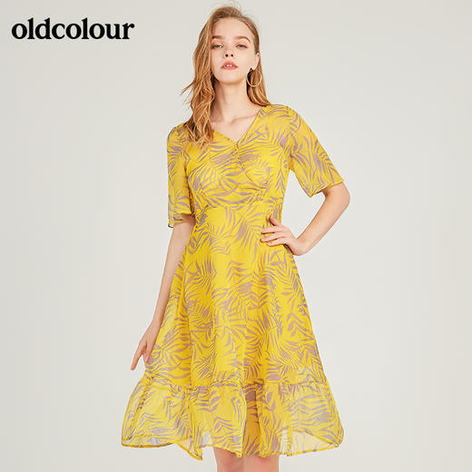 oldcolour欧珂印花V领短袖连衣裙女中长款夏季M22101272 商品图1