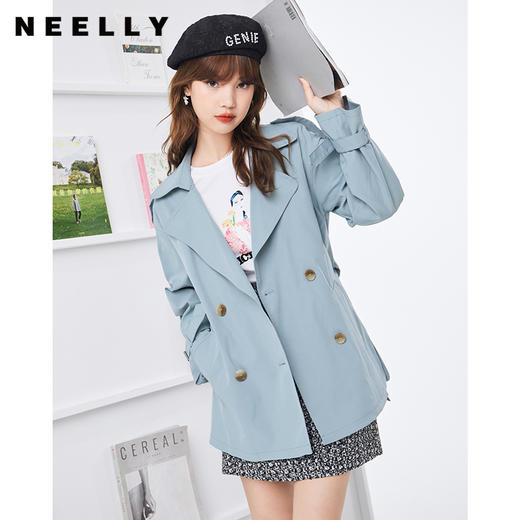 NEELLY纳俪海鸟蓝色短款女士风衣商场同款双排扣系带外套NE2008DF353 商品图1