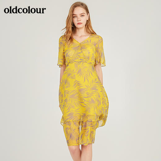 oldcolour欧珂印花V领短袖连衣裙女中长款夏季M22101272 商品图2