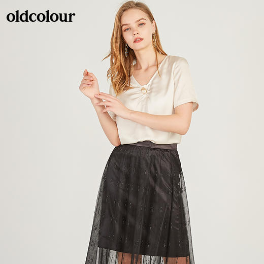oldcolour欧珂纯色V领短袖衬衫套头衫女夏季新款M22011235 商品图2