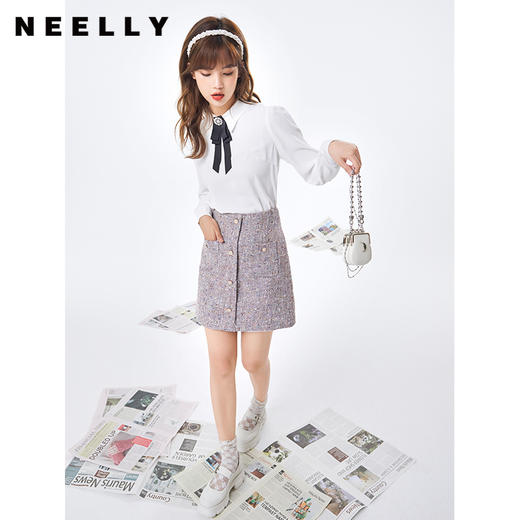 NEELLY纳俪2021秋季新品小香风高腰A字半身裙女毛呢修身显高短裙NE2008DE356 商品图3