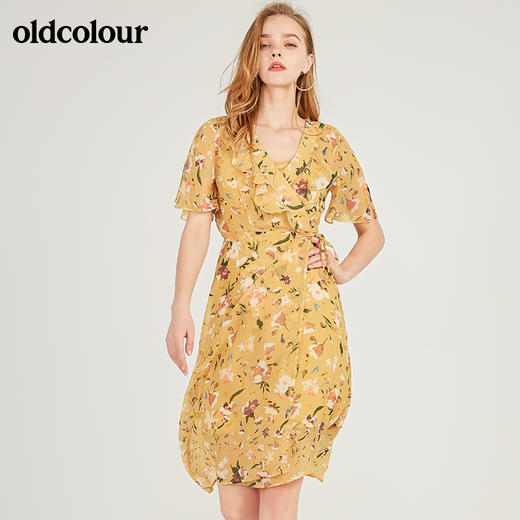 oldcolour欧珂雪纺碎花V领短袖连衣裙女中长款夏M22101504 商品图0