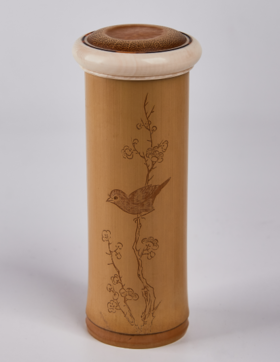 喜上梅梢图°竹雕茶叶罐12*4cm