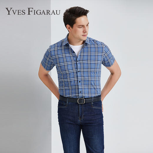 YvesFigarau伊夫·费嘉罗夏季新款商务休闲格纹舒适透气短袖衬衫912466 商品图0
