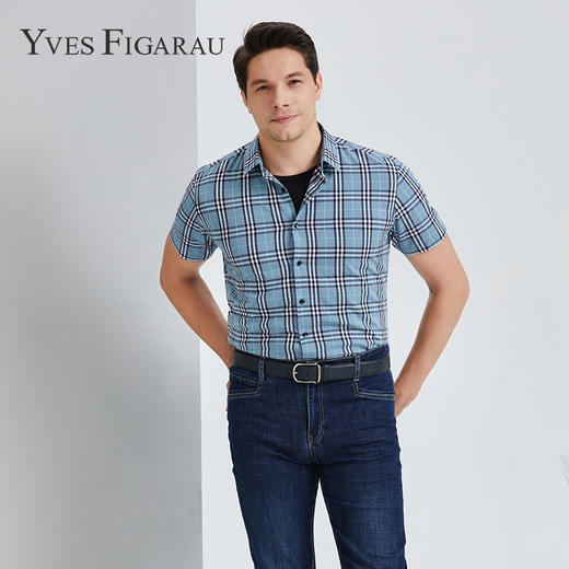 YvesFigarau伊夫·费嘉罗夏季新款商务休闲格纹舒适透气短袖衬衫912463 商品图0
