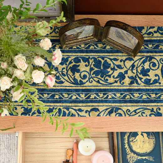 靛蓝宝莲花电视柜盖布美式桌旗茶几巾 商品图1