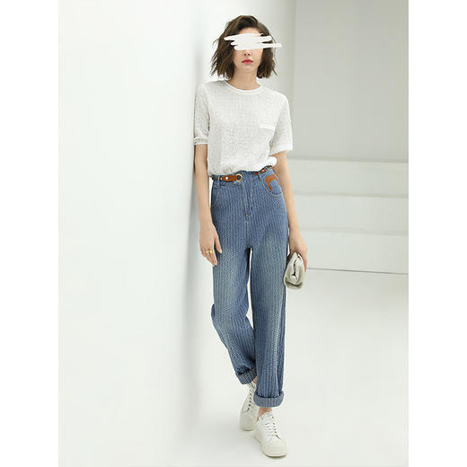 COCOBELLA时尚提花格纹水洗牛仔裤女宽松牛仔蓝长裤哈伦裤DN28 商品图2