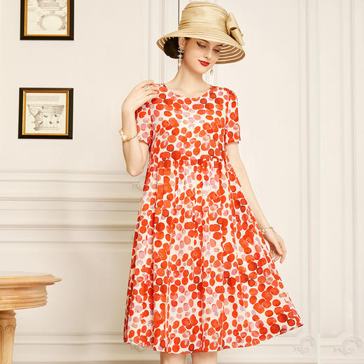 丁摩 红色真丝连衣裙短袖夏季新款收腰桑蚕丝波点裙子Q121158-DW599 商品图2