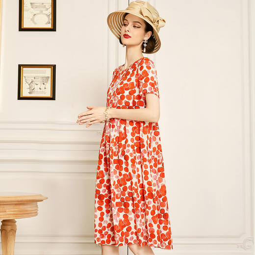 丁摩 红色真丝连衣裙短袖夏季新款收腰桑蚕丝波点裙子Q121158-DW599 商品图3