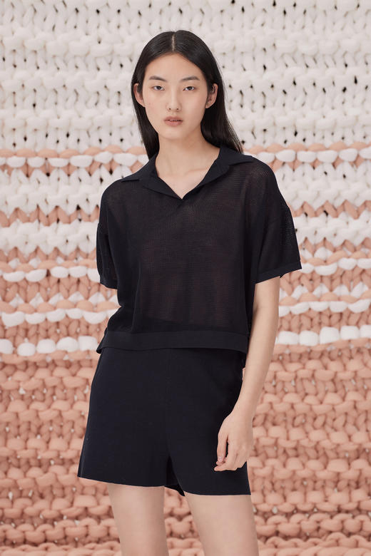  春夏 POLO领镂空针织短袖女上衣 SJS93W078N 商品图0