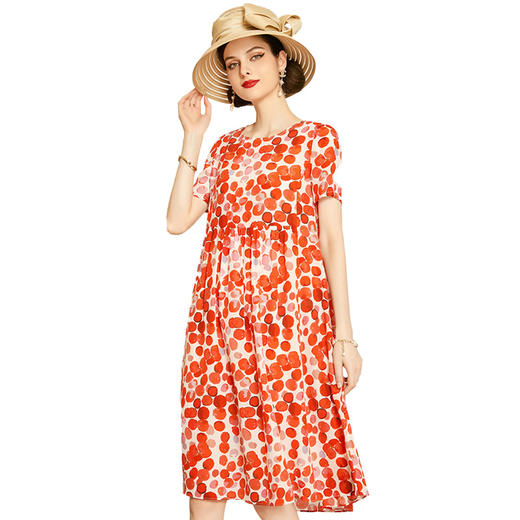 丁摩 红色真丝连衣裙短袖夏季新款收腰桑蚕丝波点裙子Q121158-DW599 商品图5