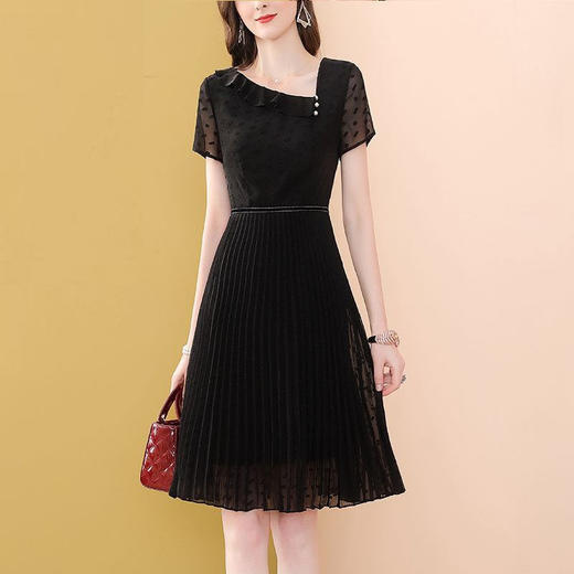 TZW-欧洲站赫本风黑色压褶雪纺连衣裙 商品图0