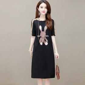 YWE-KED18066新款时尚气质连帽短袖中长款印花连衣裙