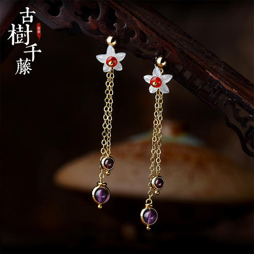 JGL-03220047新款简约紫水晶镀金耳线贝壳花欧美复古流苏耳饰耳环 商品图0