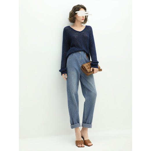 COCOBELLA时尚提花格纹水洗牛仔裤女宽松牛仔蓝长裤哈伦裤DN28 商品图3