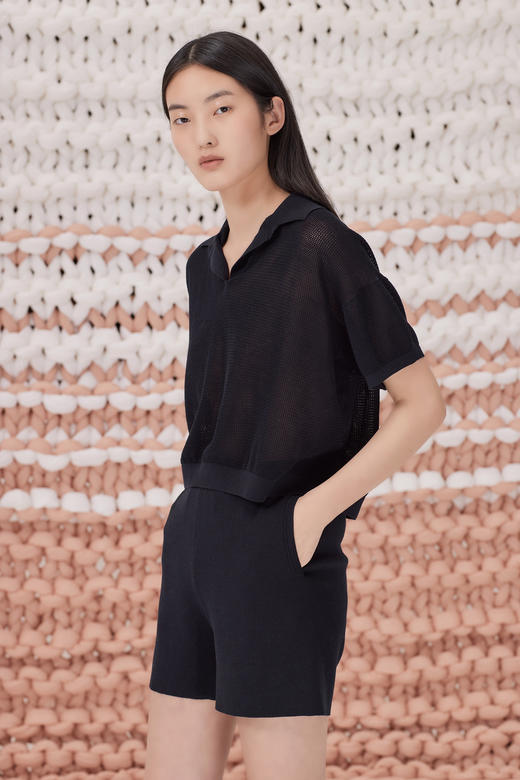  春夏 POLO领镂空针织短袖女上衣 SJS93W078N 商品图5
