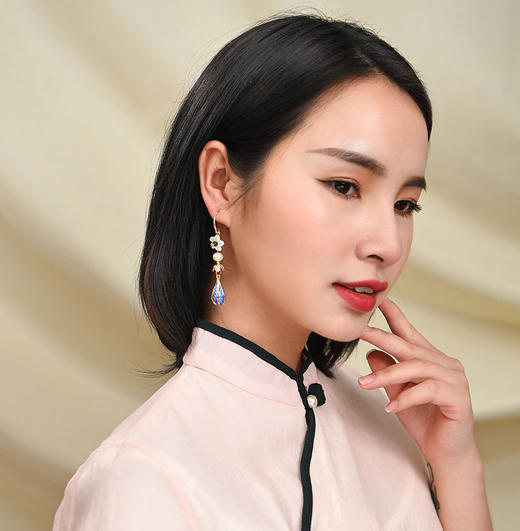 JGL-03220107古典风景泰蓝耳坠贝壳花手工编织简约耳环中长款饰品 商品图1