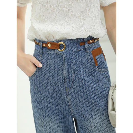 COCOBELLA时尚提花格纹水洗牛仔裤女宽松牛仔蓝长裤哈伦裤DN28 商品图1