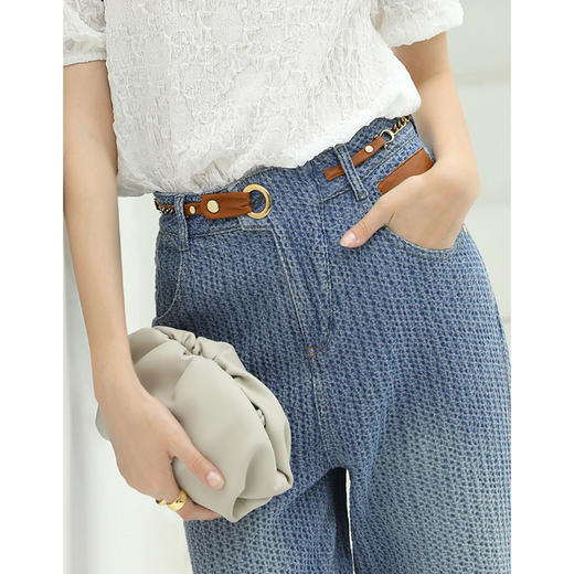 COCOBELLA时尚提花格纹水洗牛仔裤女宽松牛仔蓝长裤哈伦裤DN28 商品图4