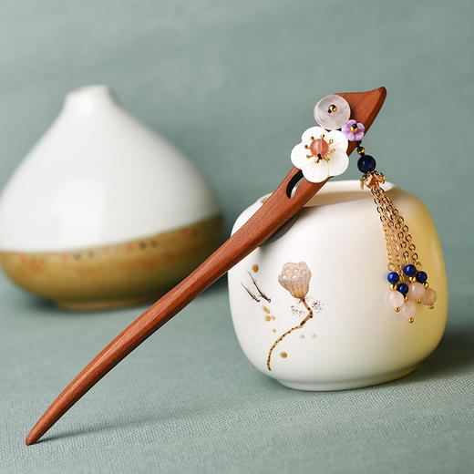 JGL-644257770355原创首饰民族风个性女款红檀木贝壳花粉晶气质发簪 商品图3