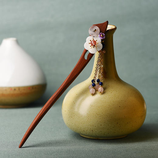 JGL-644257770355原创首饰民族风个性女款红檀木贝壳花粉晶气质发簪 商品图2