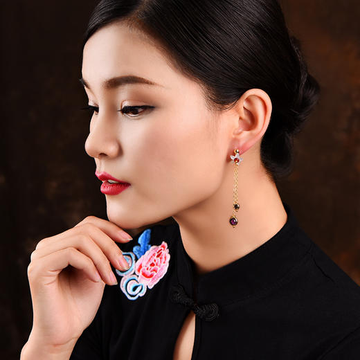 JGL-03220047新款简约紫水晶镀金耳线贝壳花欧美复古流苏耳饰耳环 商品图2