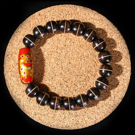 DQ0133°紫光檀双色珠镶嵌黄杨木+非遗大漆天珠9x10mmx16粒