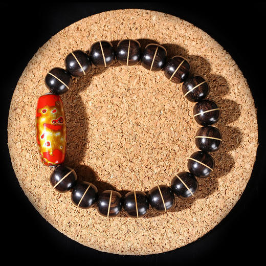 DQ0133°紫光檀双色珠镶嵌黄杨木+非遗大漆天珠9x10mmx16粒 商品图0