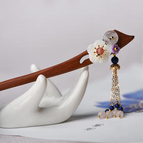 JGL-644257770355原创首饰民族风个性女款红檀木贝壳花粉晶气质发簪