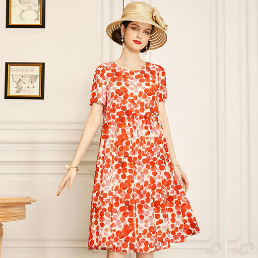 丁摩 红色真丝连衣裙短袖夏季新款收腰桑蚕丝波点裙子Q121158-DW599 商品图1