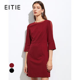 EITIE爱特爱秋季新款时尚圆领收腰A版显瘦喇叭七分袖连衣裙A2107713