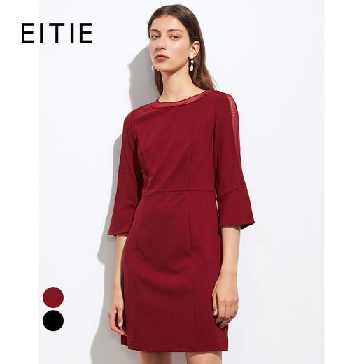 EITIE爱特爱秋季新款时尚圆领收腰A版显瘦喇叭七分袖连衣裙A2107713 商品图0