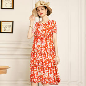 丁摩 红色真丝连衣裙短袖夏季新款收腰桑蚕丝波点裙子Q121158-DW599