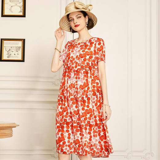 丁摩 红色真丝连衣裙短袖夏季新款收腰桑蚕丝波点裙子Q121158-DW599 商品图0