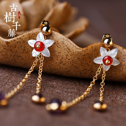 JGL-03220047新款简约紫水晶镀金耳线贝壳花欧美复古流苏耳饰耳环 商品图1