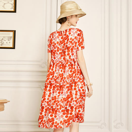 丁摩 红色真丝连衣裙短袖夏季新款收腰桑蚕丝波点裙子Q121158-DW599 商品图4