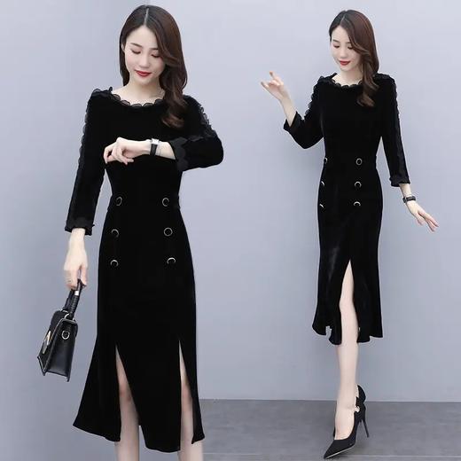 HRFS-WY61299新款时尚优雅气质修身圆领长袖中长款金丝绒开叉连衣裙 商品图2