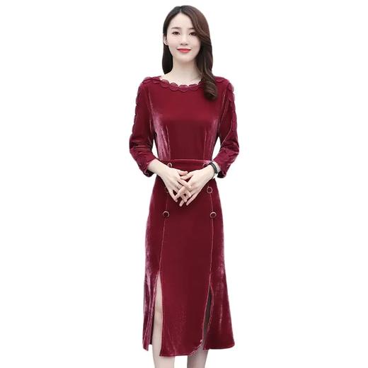 HRFS-WY61299新款时尚优雅气质修身圆领长袖中长款金丝绒开叉连衣裙 商品图4