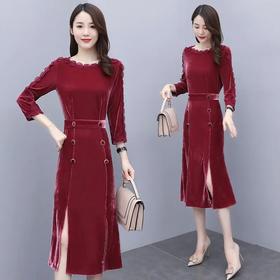 HRFS-WY61299新款时尚优雅气质修身圆领长袖中长款金丝绒开叉连衣裙