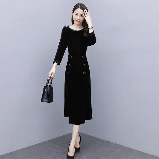 HRFS-WY61299新款时尚优雅气质修身圆领长袖中长款金丝绒开叉连衣裙 商品图3