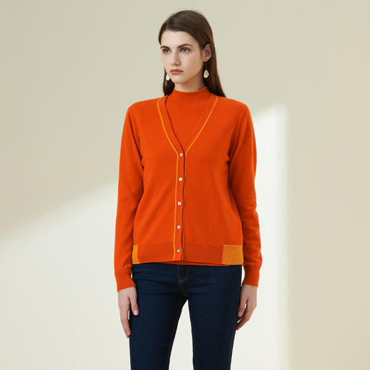 METTE羊绒世家2021秋冬新品女士100%山羊绒针织开衫V领撞色小外套 商品图5