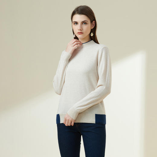 METTE羊绒世家2021秋冬新品女100%山羊绒时尚撞色半高领套头毛衣 商品图1