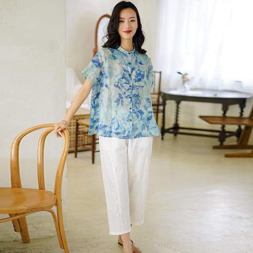 天然苎麻短袖衬衫 宽松国风 复古碎花 女衬衣 商品图1