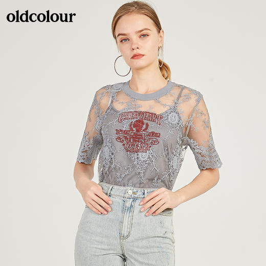 oldcolour欧珂蕾丝镂空短袖套头衫女夏季M23011335 商品图0