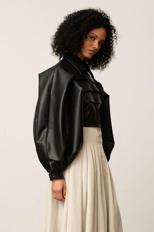 Palmer Harding  黑色皮质拼褶短夹克 商品图5