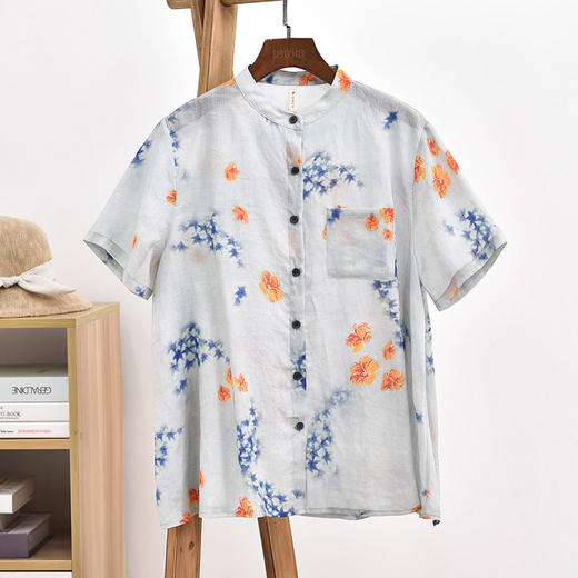 天然苎麻短袖衬衫 宽松国风 复古碎花 女衬衣 商品图7