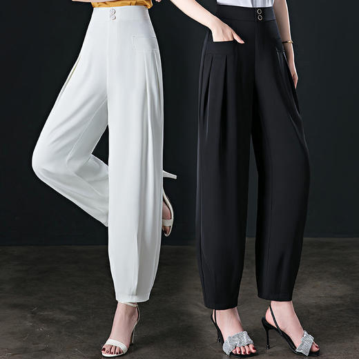 TZW-夏季薄款高腰休闲九分灯笼裤垂感时尚白色冰丝裤子 商品图1