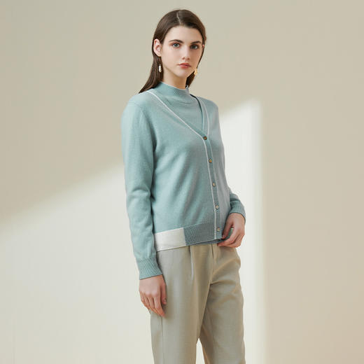 METTE羊绒世家2021秋冬新品女士100%山羊绒针织开衫V领撞色小外套 商品图2