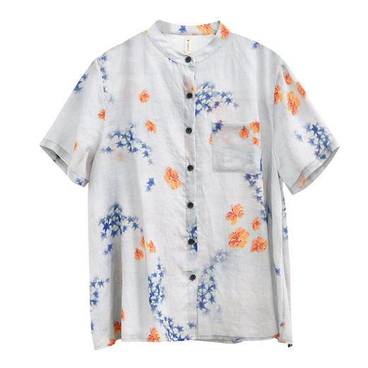 天然苎麻短袖衬衫 宽松国风 复古碎花 女衬衣 商品图4