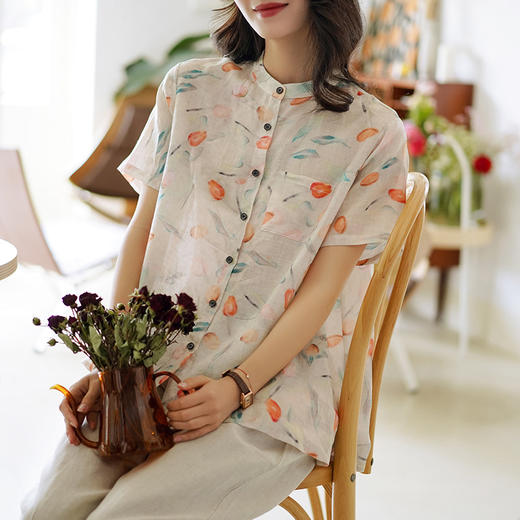 天然苎麻短袖衬衫 宽松国风 复古碎花 女衬衣 商品图2